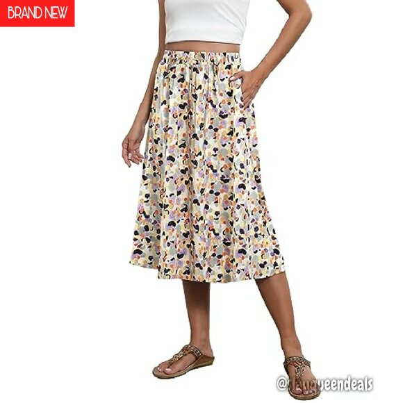 Flowy Midi Skirt with Pockets Elastic Waist A-Line Boho Style - Picture 2 of 8